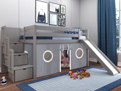 This Low Loft Bed with a Stairway, Slide and Gray & White Tent in Gray will look great in your kids room Bunk Beds With Slide For Boys, Princess Loft Bed, Twin Low Loft Bed, Stairway Bunk Beds, Loft Bed With Slide, Tax Saving, Low Loft Bed, Trundle Mattress, Low Loft Beds