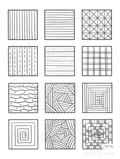 nine different patterns that are drawn in black and white, each with lines on them