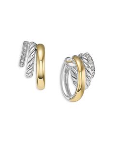 David Yurman DY Mercer Three Row Huggie Hoop Earrings in Sterling Silver with 18K Yellow Gold and Pavé Diamonds Jewelry & Accessories - Bloomingdale's David Yurman Earrings, Pave Diamond Jewelry, Diamonds Jewelry, Wedding Flats, Tennis Necklace, Demi Fine Jewelry, Huggie Hoop Earrings, David Yurman, Pave Diamonds