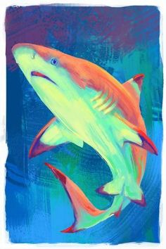 a painting of two orange and white sharks swimming side by side in the ocean with blue water