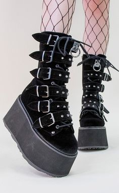 DAMNED-225 Black Velvet Boots-Demonia-Tragic Beautiful Flatform Boots, Black Velvet Boots, Punk Festival, Demonia Boots, Demonia Shoes, Velvet Boots, Goth Punk, Cat Wallpaper, Creepers