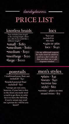 Braider Content Ideas, Hair Stylist Supply List, Knotless Price List, Hair Pricing List, Box Braids Price List, Hair Business Price List, Hairstylist Price List Template, Hairstylist Bio Examples Instagram