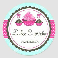 a cupcake sticker with pink frosting on it and polka dots around the edges