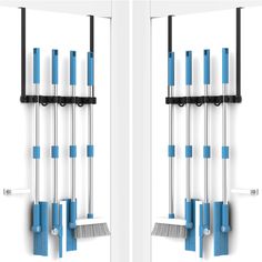 two identical images of a blue and silver wind chime hanging from the side of a white wall