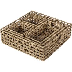 two wicker baskets sitting side by side on top of each other, one is empty