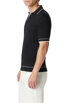 Throw it back to the '70s with this leisurely johnny-collar polo cut from a cool cotton blend and finished with tipped trim. 27" length (size Medium) Johnny collar Short sleeves 90% cotton, 10% polyamide Machine wash, dry flat Made in Turkey Fitted Cotton Polo Sweater With Johnny Collar, Casual Black Polo Sweater With Striped Collar, Casual Polo Shirt With Johnny Collar And Contrast Trim, Modern Fitted Tops With Striped Collar, Modern Fitted Top With Striped Collar, Fitted Polo Sweater With Polo Collar, Fitted Polo Sweater With Placket, Fitted Top With Striped Johnny Collar, Fitted Top With Johnny Collar And Striped Detail