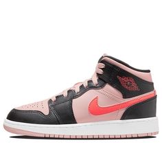 Let your little one show off their style with the Air Jordan 1 Mid GS ‘Black/Pink/Crimson’! Equipped with comfort and support, this sneaker is a great choice whether they’re hitting the court or just running around. The body of the shoe is crafted from high-quality leather in both pink and black shades - making it thoroughly fashionable and stylish. Your family will love the iconic Nike swoosh logo, located on the side of the shoe in blazing hot pink. White accents on the midsole ramp up the cla Jordan 1 Mid Black, Air Jordan 1 Mid Black, Air Jordan 1 Mid Gs, Black Shades, Light Sneakers, Nike Swoosh Logo, Kids Basketball, Mid Top Sneakers, Jordan Sneakers