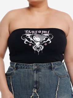 Slay  baddie! Join the Kuromi Five in this crop tube top! Featuring Kuromi posing coyly in front of a Y2K-inspired design  plus her name up top and rhinestone detailing.95% polyester; 5% spandexWash cold; dry lowImportedModel is 5'10''Model wears size 1 Kuromi Y2k, Slay Baddie, Plus Size Y2k, Cute Plus Size Clothes, Anime Tank, Right Arrow Icon, Y2k Rhinestone, Plus Size Hot, Crop Tube Top