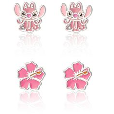 three pink flower shaped earrings with an animal on the front and bottom, one in silver