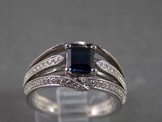 Sapphire Ring with Micro Pave Set Diamonds 1.17Ctw White Gold 14K 6.1gm Size 6.5 Wedding Engagement Sapphire Diamond Ring, Aquamarine Rings, Diamond Rings Bands, Diamond Design, Sapphire Gemstone, March Birth Stone, Micro Pave, Sapphire Diamond, Antique Rings