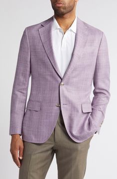 A blend of wool, silk and linen woven in a pale plaid relaxes a sport coat styled with a lightweight feel that's perfect for warm-weather occasions. 29" length (size 40) Notched lapels Nonfunctional four-button cuffs Chest welt pocket; front flap pockets Side vents Partially lined 38% wool, 34% silk. 28% linen Dry clean Made in Portugal Tailored Plaid Sport Coat For Spring, Spring Tailored Plaid Sport Coat, Spring Plaid Sport Coat For Business Casual, Plaid Single Breasted Sport Coat For Spring, Plaid Single-breasted Sport Coat For Spring, Spring Formal Plaid Sport Coat, Classic Plaid Sport Coat For Spring, Flamboyant Natural, Purple Fits