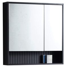 a black and white bathroom cabinet with mirrored doors