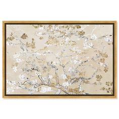 a painting with white flowers and brown leaves on the bottom, in a gold frame