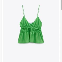 Zara Ruffle Top Spaghetti Strap New With Tags Size Small Chic Zara Spaghetti Strap Tops, Chic Green Tops With Spaghetti Straps, Chic Green Spaghetti Strap Tops, Zara Spaghetti Strap Tank Top For Spring, Green Chic Camisole For Day Out, Zara Spaghetti Straps Top For Summer, Chic Green Camisole For Day Out, Casual Party Camisole With Ruffles, Casual Ruffled Camisole For Party