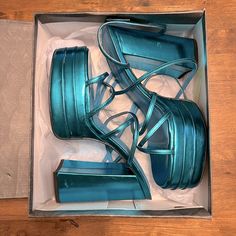 Brand New Never Worn Blue Strap Platform Heels Size 10 Blue Party Sandals With 4-inch Heel, Blue Block Heel Sandals For Party, Blue Party Sandals With Block Heel, Light Blue Platform Heels With Pointed Toe, Blue Sandals With 4-inch Heel For Party, Light Blue Block Heel Party Shoes, Light Blue Platform High Heels, Light Blue Block Heel Party Heels, Light Blue Block Heels For Party