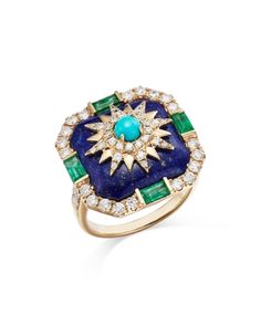 Bloomingdale's Fine Collection Turquoise, Lapis, Emerald, and Diamond Star Statement Ring in 14K Yellow Gold - Exclusive Statement Engagement Ring Unique, Jewelry 2024, Statement Engagement Ring, Emerald And Diamond Ring, Emerald Blue, Vintage Diamond Rings, Diamond Star, Exclusive Jewelry, Rocks And Gems