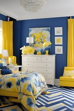 a bedroom with blue walls and yellow curtains