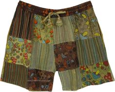 These hippie mushroom patchwork shorts are the perfect way to add a touch of free spirit flair to your summer wardrobe.  Made from 100% cotton, they are soft, comfortable, and breathable. #tlb #Patchwork #vacationclothing #bohemianfashion #Handmade #BohoShorts #HippieShorts Summer Green Shorts With Patchwork, Casual Beach Shorts With Patchwork, Casual Patchwork Shorts For Beach, Bohemian Patchwork Shorts, Hippie Patchwork Shorts For Festival, Summer Festival Shorts With Patchwork, Hippie Multicolor Shorts, Multicolor Hippie Shorts, Multicolor Patchwork Cotton Shorts