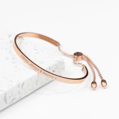 From birthdays to Valentine's, this gorgeous Personalised Rose Gold Affirmation Bangle Bracelet will make the perfect gift for her. Its timeless design means it can be worn with any outfit - be it smart or casual, rendering it a treasured addition to her ensemble. This exquisite women's jewellery piece is the embodiment of individuality, sentimentality and style.  The option of a personalised engraving presents an opportunity to infuse sentiment into this beautiful bracelet. You can personalise it with her name or short heartfelt message, the choice is yours! This meticulous detail imparts an intimate touch, transforming her stylish rose gold plated bracelet into an enduring reminder of how much they are loved.  This glamorous and classy piece of jewellery will be beautifully showcased in Gold Bangle For Women Classy, Personalized Silver Bracelets, Modern Bangle, Affirmation Jewelry, Personalised Bangle, Wedding Jewelry Bracelets, Personalized Gifts For Her, Gold Plated Bracelets, Bangles Jewelry