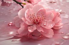 pink flowers with water droplets on them are floating in the air and surrounded by raindrops