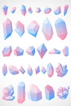 an abstract set of polygonal shapes in blue, pink and red colors on a white background