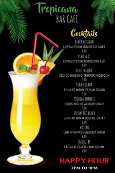 the happy hour flyer for tropical bar cafe, featuring an orange cocktail with garnish and