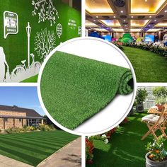 artificial grass is being used as an art piece in the center of a building with pictures on it