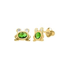 Children's 14K yellow gold frog stud earrings with lab-created green and white simulated diamonds Hypoallergenic 14k Gold Green Jewelry, Hypoallergenic Green 14k Gold Jewelry, Frog Earrings, Helzberg Diamonds, Kids Earrings, Berkshire Hathaway, Green And White, Women's Earrings, Cubic Zirconia