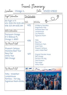 the travel itinery list for chicago, illinois and new york is shown in this image