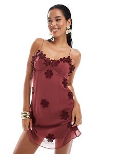 ASOS DESIGN bust cup floral embroidered mini dress in cherry red | ASOS Summer Dress With Floral Applique And Sweetheart Neckline, Floral Applique Spaghetti Strap Dress, Feminine Sleeveless Mini Dress With Floral Applique, Floral Applique Dress With Spaghetti Straps, Feminine Floral Applique Mini Dress For Summer, Floral Applique Mini Dress For Summer, Floral Embroidered Mini Dress For Summer, Summer Mini Dress With Floral Applique, Summer Floral Embroidery Mini Dress