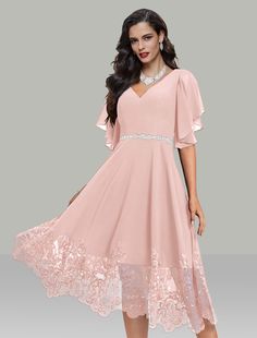 A-Line Wedding Guest Dresses Elegant Dress Cocktail Party Tea Length Short Sleeve V Neck Belt / Sash Chiffon with Rhinestone Glitter Embroidery Pink A-line Chiffon Dress For Wedding, Elegant Georgette Bridesmaid Dresses, Party Chiffon Dress In Georgette With Short Sleeves, Chiffon Evening Dress With Short Sleeves For Wedding, Formal Chiffon Dress With Lace Trim, Short Sleeve Georgette Wedding Dress, V-neck Organza Dresses For Wedding, Chiffon Party Dress With Lace Trim, Flowy Georgette Mother Of The Bride Dress For Wedding