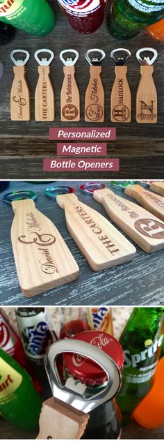 wooden bottle openers with personalized magnets on them are the perfect way to display your favorite beverages