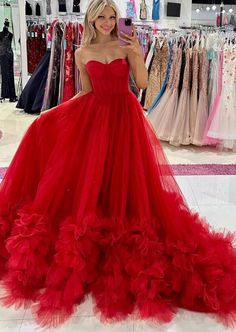 Organza Floor-length Ball Gown, Strapless Evening Gown For Prom Season, Fitted Bodice Maxi Ball Gown For Debutante Ball, Strapless Gown For Prom, Organza Gown For Prom Season, Prom Season Organza Ball Gown With Sweep Train, Organza Ball Gown With Sweep Train For Prom, Gala Ruffle Maxi Dress For Prom Season, Organza Ball Gown For Prom