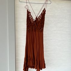 New Without Tags Free People Rust Colored Adela Slip Dress Bohemian Brown Dress With Spaghetti Straps, Brown V-neck Dress With Lace Trim, Brown Rayon Spring Dress, Flowy Rayon Dress With Lace Trim, Brown Sleeveless Dress With Lace Trim, Sleeveless Brown Dress With Lace Trim, Bohemian Spaghetti Strap Dress For Date Night, Bohemian Dresses With Spaghetti Straps For Date Night, Brown Rayon Beach Dress