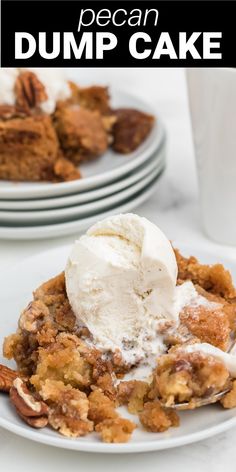 two plates with dessert on them and the words pecan dump cake in front of it