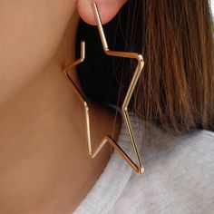 Lightweight Material: gold plated brass Drop: 3" For pierced ears IMPORTED Cheap Metal Festival Earrings, Big Star Earrings, Star Hoop Earrings, Giant Star, Gold Star Earrings, Big Hoop Earrings, Big Earrings, Big Star, Star Earrings