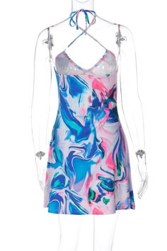 Purple Sexy Print Bandage Backless Halter Sleeveless Dress Dresses Sleeveless Backless Beach Dress With Built-in Bra, Sleeveless Backless Dress With Built-in Bra For Beach, Blue Sleeveless Mini Dress With Built-in Bra, Backless Beach Dresses With Built-in Bra, Summer Cami Mini Dress With Built-in Bra, Pink Mini Dress With Built-in Bra For Summer, Multicolor V-neck Halter Dress For Party, Beach Bodycon Halter Dress, Sleeveless Strappy Flirty Mini Dress