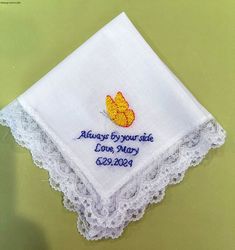 Keep a cherished loved one's handwriting near you on THE day with a hand embroidered signature women's handkerchief. It will last longer than ink on paper and can be kept close by all the time. Perfect for the bride, mother of the bride or groom, maid or matron of honor, or as a gift or for yourself. The hankies I use are 100% cotton and 10" square (26 cm) square. If you would like to provide your own handkerchief, message me for a price on labor. TO AVOID DELAYS PLEASE REMEMBER: *To count the c Women's Handkerchief, Matron Of Honor, Matron Of Honour, Ink On Paper, Embroidery Inspiration, Something Blue, Handwriting, Mother Of The Bride, Labor