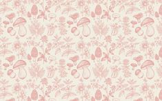 a pink and white wallpaper with mushrooms, leaves and flowers on it's side