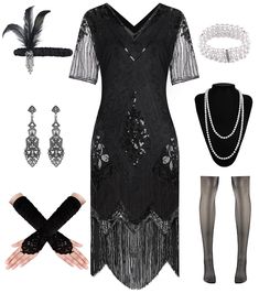 PRICES MAY VARY. Package Included-1 x sequin flapper dress, 1 x long satin gloves,1 xfeather headband, 1 x pearl necklace, 1 x earrings, 1 x pearl bracelet, 1 x fishnet stockings. Vintage Elegant Charm-The flapper dresses 1920s made of polyester fabric and soft fringe, delicate bead and sparkling sequins design, semi-sheer lace cuffs with intricate lace detailing, adding a touch of feminine allure to 20s outfit. This dress is the epitome of elegance and sophistication for your wardrobe. Fashion Roaring 20s Accessories, 20s Accessories, Long Satin Gloves, 20s Outfit, 20s Costume, Retro Headband, 20s Dresses, 1920s Women, Satin Gloves