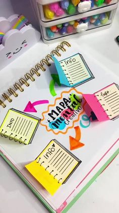 an open planner book with sticky notes and markers on the pages, surrounded by candy