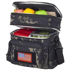 two cooler bags filled with food and fruit sitting side by side on top of each other