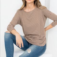 Nwt, Striped Cream/Brown Top. Small, Medium, Large Available. Made In America. Casual Taupe Tops For Day Out, Casual Taupe Tops For Spring, Taupe Tops For Day Out In Fall, Taupe Tops For Fall Day Out, Casual Taupe Tops For Fall, Taupe Tops For A Fall Day Out, Everyday Taupe Top For Fall, Striped Tops Women, Green Long Sleeve Shirt