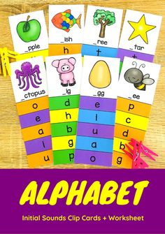 an image of alphabet flash cards with the words and pictures in them on top of a table