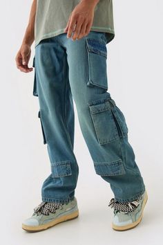 Baggy Rigid Multi Cargo Pocket Jeans In Blue | boohooMAN USA Denim Washes, Suits Prom, Vegas Dresses, Going Out Trousers, Going Out Shirts, Gym Hoodie, Tall Pants, Upgrade Your Look, Blazer Shirt