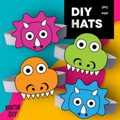 three paper cut out dinosaurs with the words diy hats in front of them on a colorful background