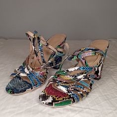 Unique Snakeskin High Heeled Open Toe Sandals With High Ankle Straps. 4" Heel Never Worn. Size 10 Multicolor Ankle Strap Heels With Buckle Closure, Multicolor Open Heel Synthetic Sandals, Multicolor Sandals With Buckle Closure And Open Heel, Multicolor Open Heel Sandals With Buckle, Multicolor Buckle Closure Sandals With Open Heel, Multicolor Open Toe Synthetic Sandals, Multicolor Block Heel Casual Sandals, Multicolor Synthetic Open Toe Sandals, Multicolor Block Heel Sandals For Spring