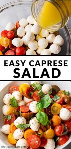 a bowl filled with tomatoes, mozzarella and basil next to a bottle of olive oil