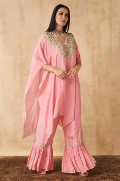 Shop for Sakshi Girri Pink Crepe Printed Kaftan And Sharara Set for Women Online at Aza Fashions Elegant Pink Kaftan For Diwali, Traditional Drape Pink Palazzo Set With Dabka, Pink Zari Work Kaftan For Weddings, Pink Kaftan With Dabka Work For Wedding, Bohemian Pink Palazzo Set With Straight Kurta, Pink Bohemian Palazzo Set With Straight Kurta, Pink Wedding Kaftan With Zari Work, Pink Wedding Kaftan With Dabka Work, Traditional Pink Georgette Kaftan