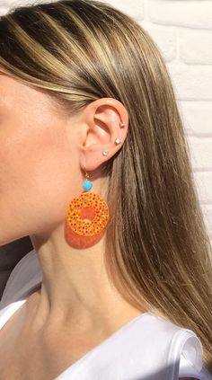 This item is unique, hand-painted by me with special jewelry water-resistant paints. I like retro style. The design of these earrings is inspired by the retro style of the 50s, 60s, and 70s when was so popular clothing and jewelry with dots. Having chosen these earrings, you will not find the same jewelry on anyone else. The other retro style earrings you can find in the section "Hand painted Earrings". MORE DETAILS * Materials used: hand-painted plastic details, Czech glass beads, stainless ste Playful Orange Party Jewelry, Retro Summer Earrings As A Gift, Retro Summer Earrings As Gifts, Fun Blue Jewelry For Summer, Orange Resin Jewelry For Party, Fun Blue Summer Jewelry, Handmade Retro Orange Earrings, Retro Handmade Orange Earrings, Colorful Handmade Retro Jewelry